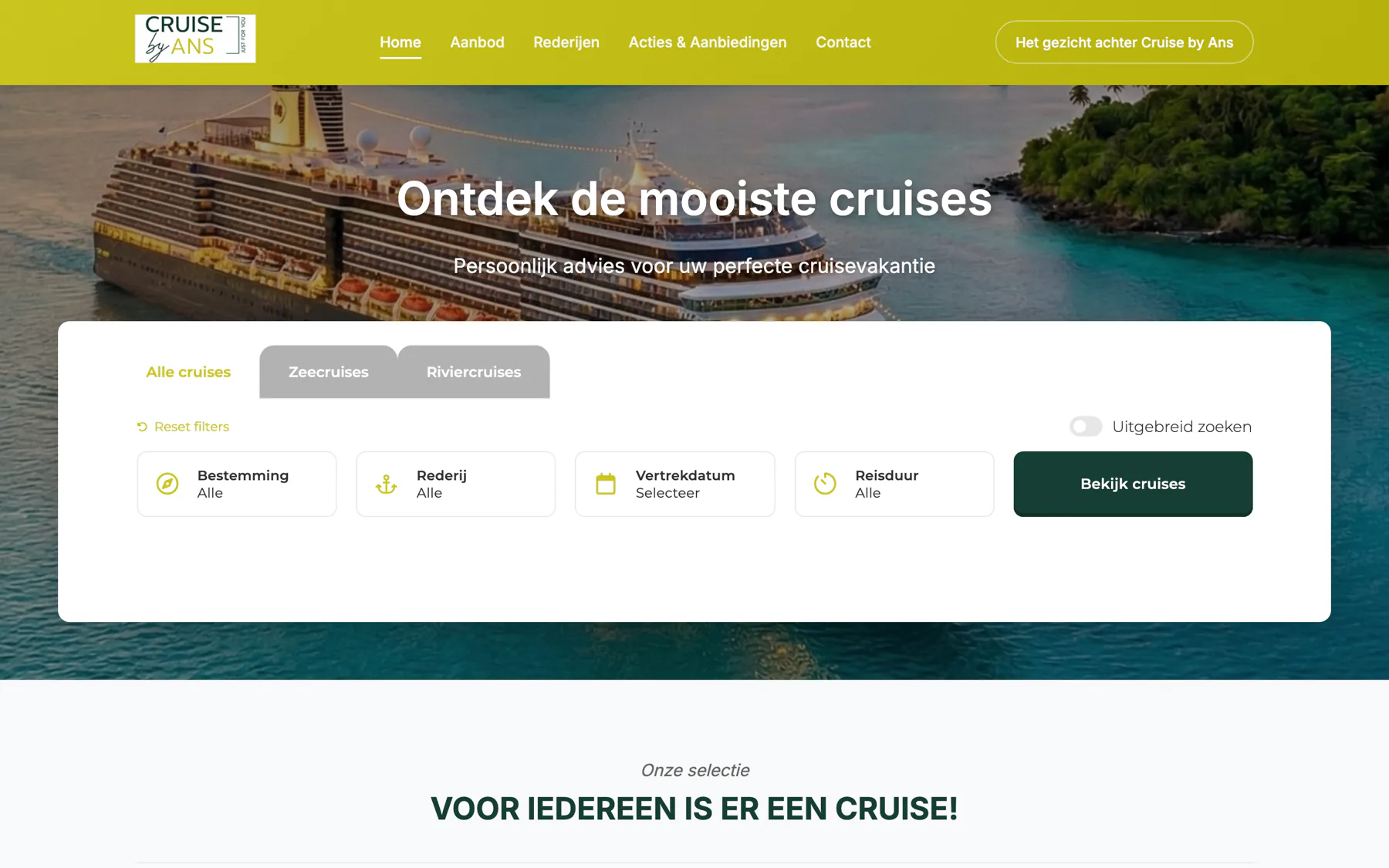 Dezelfde motor draait ook onder de naam Cruise by Ans, met eigen kleuren en een eigen domein.