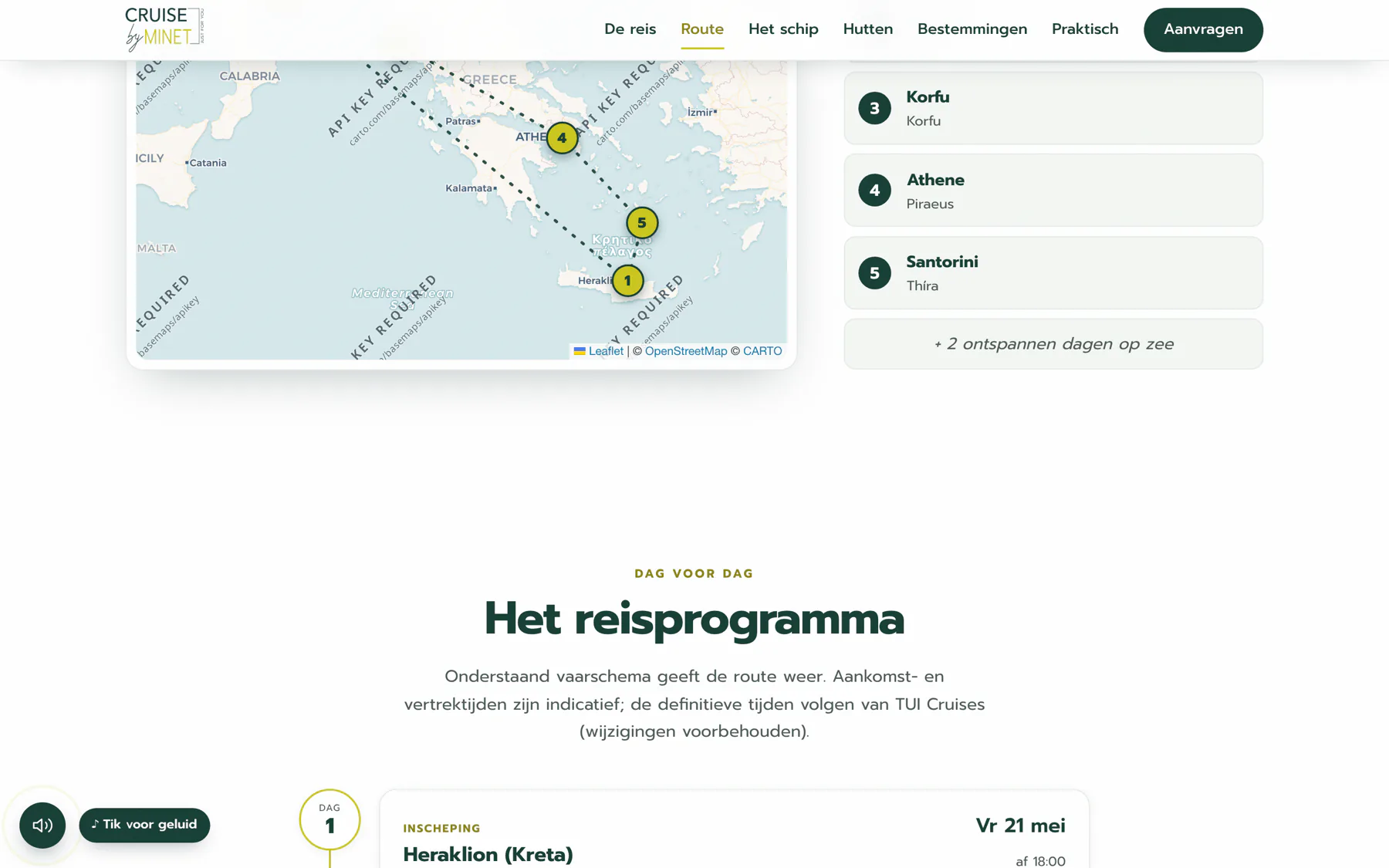 Het reisprogramma dag voor dag, van Heraklion via Tarente en Korfu naar Santorini. Met aankomst- en vertrektijden per haven.