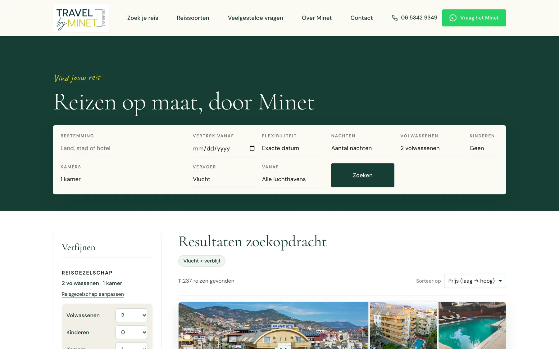 De zoekpagina. Filteren gebeurt op de eigen catalogus van twaalfduizend hotels, dus zonder te wachten op de touroperator.
