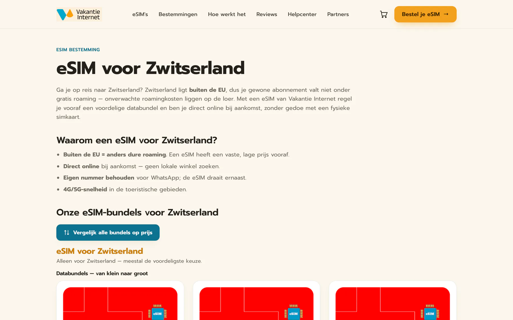 Elke bestemming heeft een eigen pagina met de bundels die daar echt werken, opgedeeld in databundels en onbeperkt.